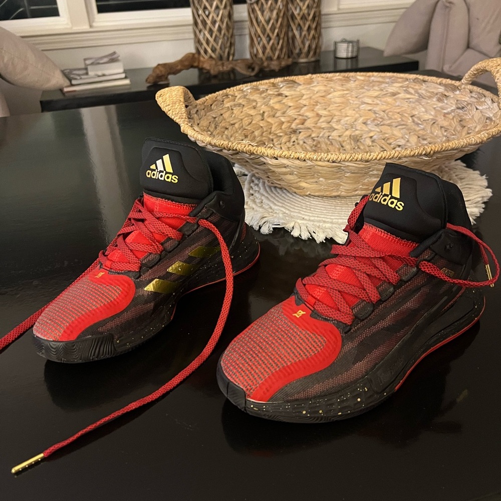 Adidas Red and Black Sneakers with Gold Highlights